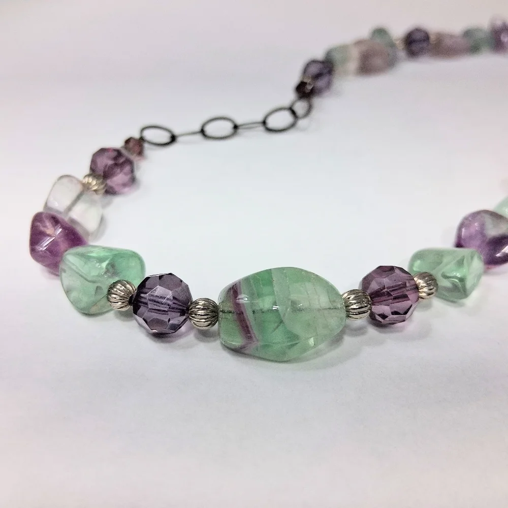 Fluorite Stone Beaded Necklace Purple Green Healing Clarity Balance Crystal
